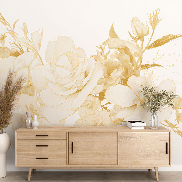 Papel pintado blanco y dorado | Rosas doradas