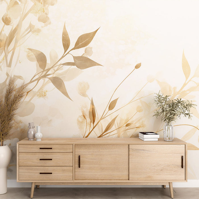 Papel pintado blanco y dorado | Pintura floral minimalista