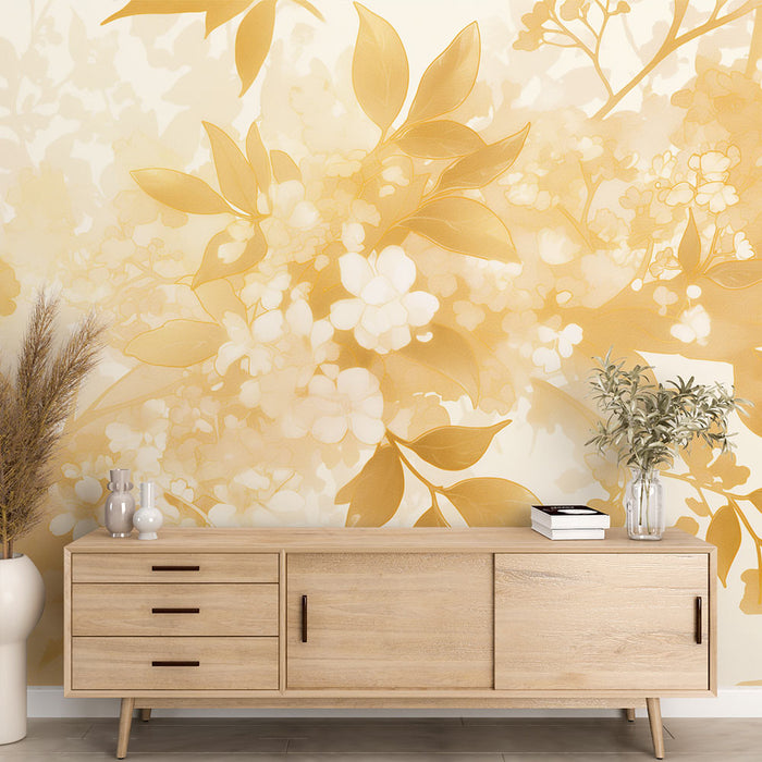 White and Gold Mural Wallpaper | White Flowers and Gold Leaves