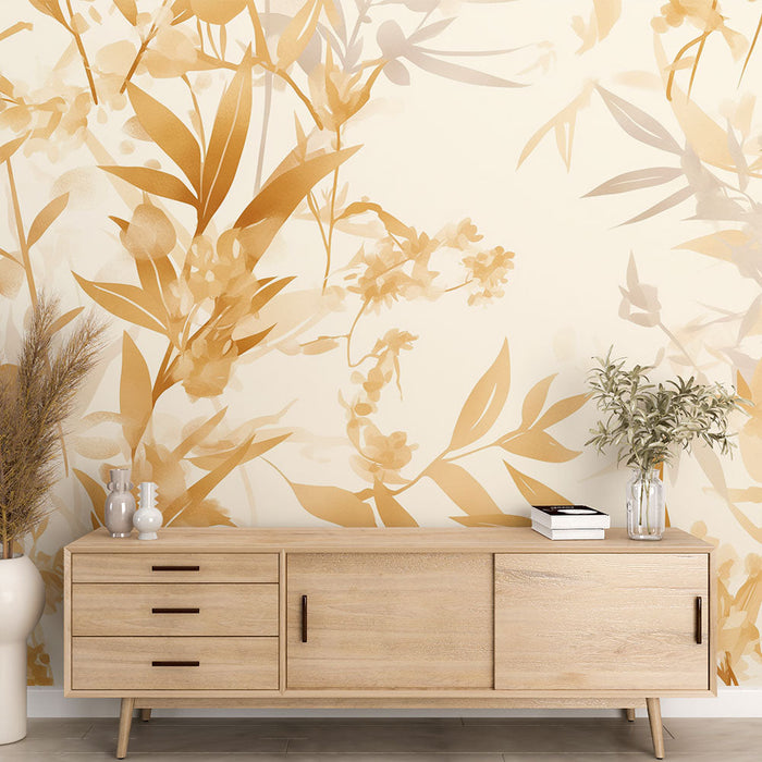 White and Gold Mural Wallpaper | Cluster of Golden Leaves