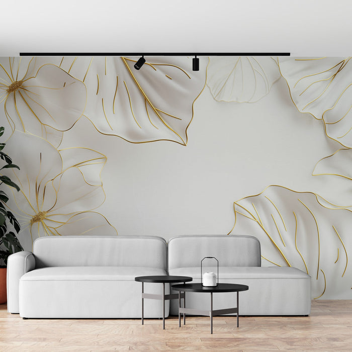 White and Gold Mural Wallpaper | Golden Leaves and Flowers