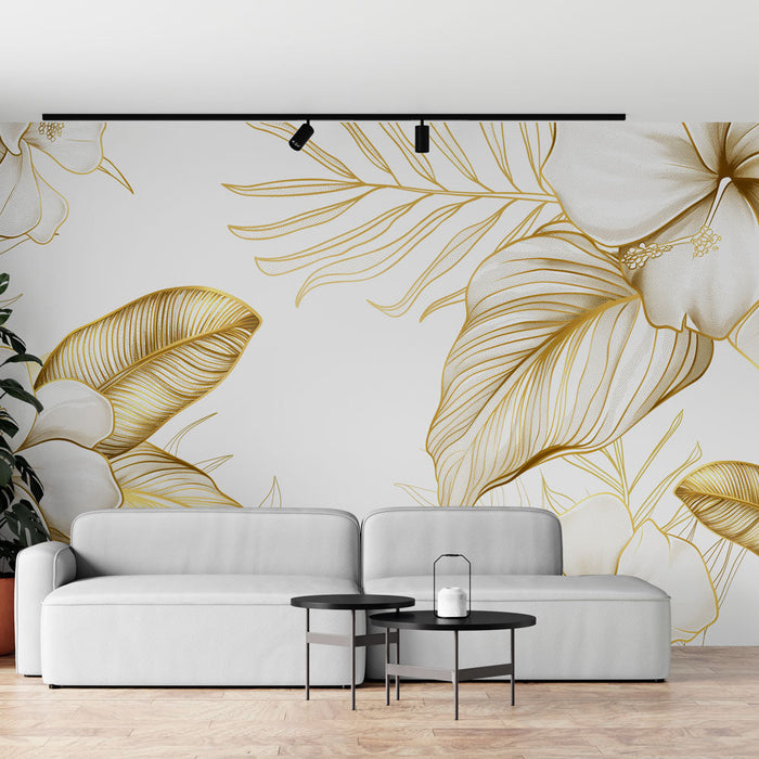 White and Gold Mural Wallpaper | Open White Flowers