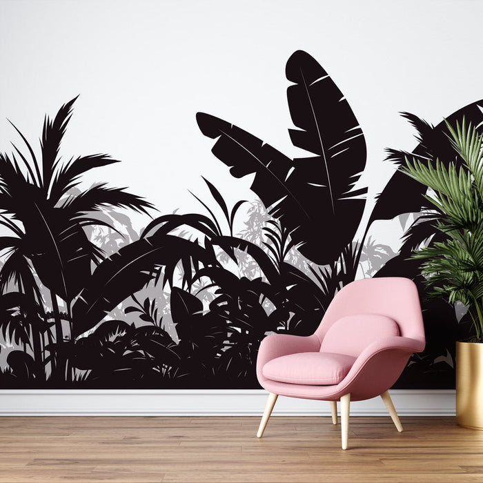 Black and White Tropical Mural Wallpaper | Dense Vegetation