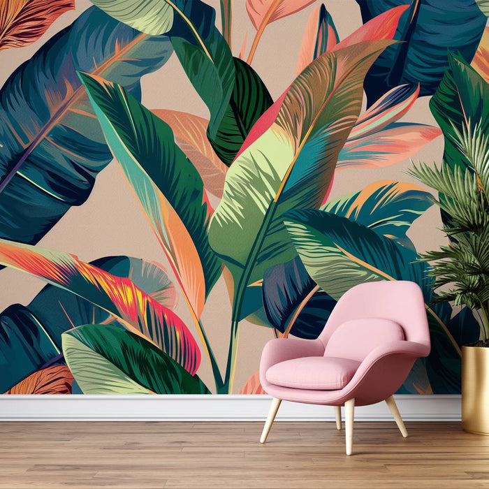 Mural Wallpaper banana leaves | Cluster of colorful leaves