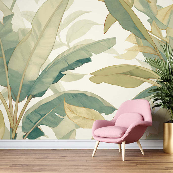 Banana Leaf Mural Wallpaper | Pastel Colors and White Background