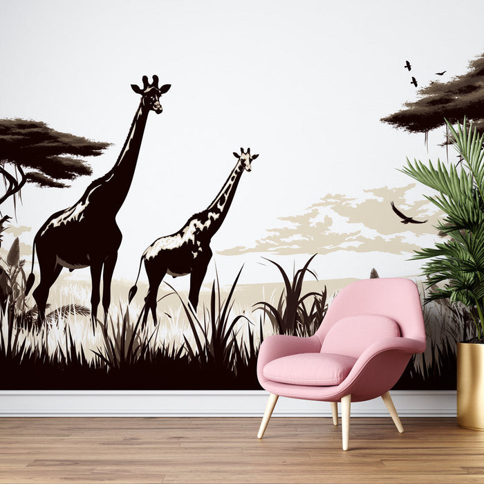 Zwart en Wit Giraffe Foto Behang | Savanne