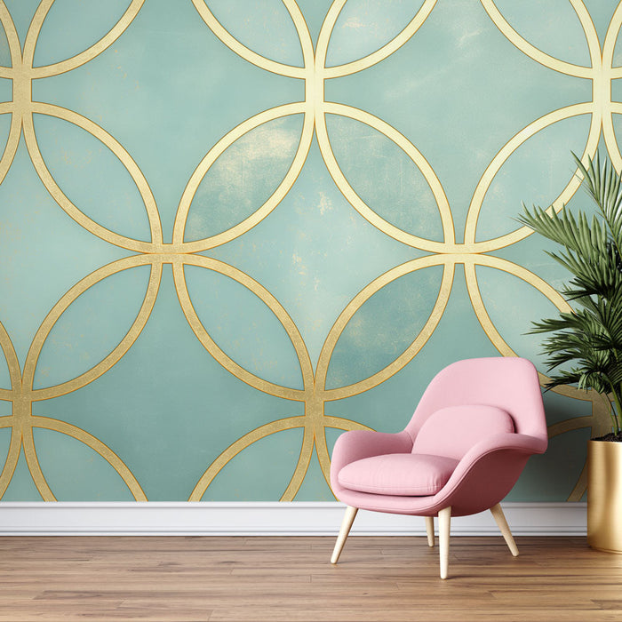 Art Deco Mural Wallpaper | Golden Circles on Pastel Green Background