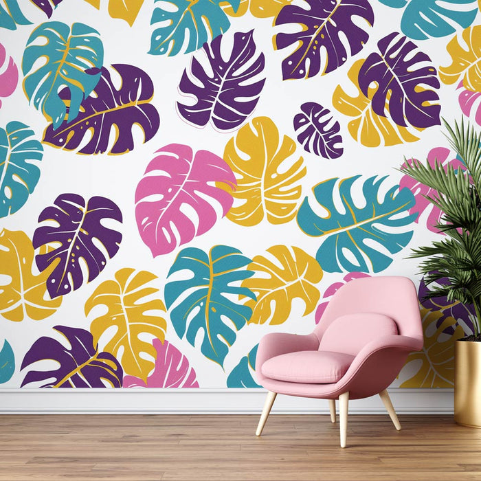 Mural Wallpaper monstera | Majhni pisani listi na belem ozadju