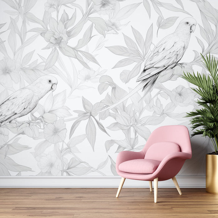 Papel pintado de selva en blanco y negro | Par de loros