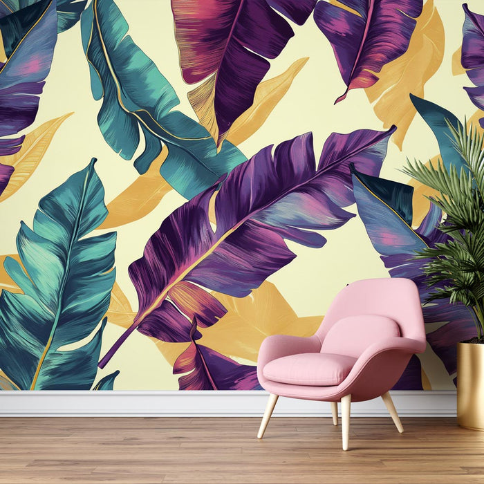 Mural Wallpaper banana leaves | Large purple, blue, and yellow leaves