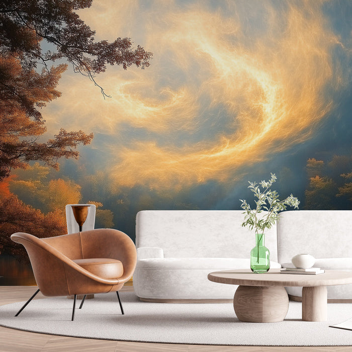 Tapet förtrollande landskap | Gyllene dimma över fridfull sjö