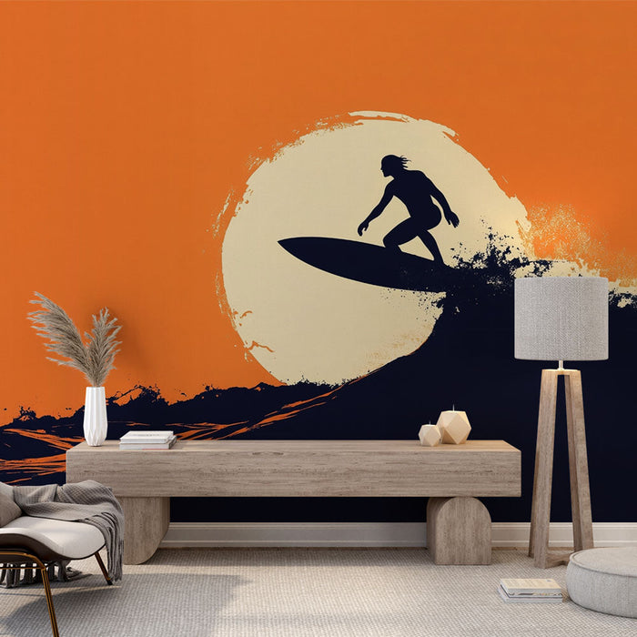 Falfestmény tapéta szörfös | Sziluett hullámon naplementekor