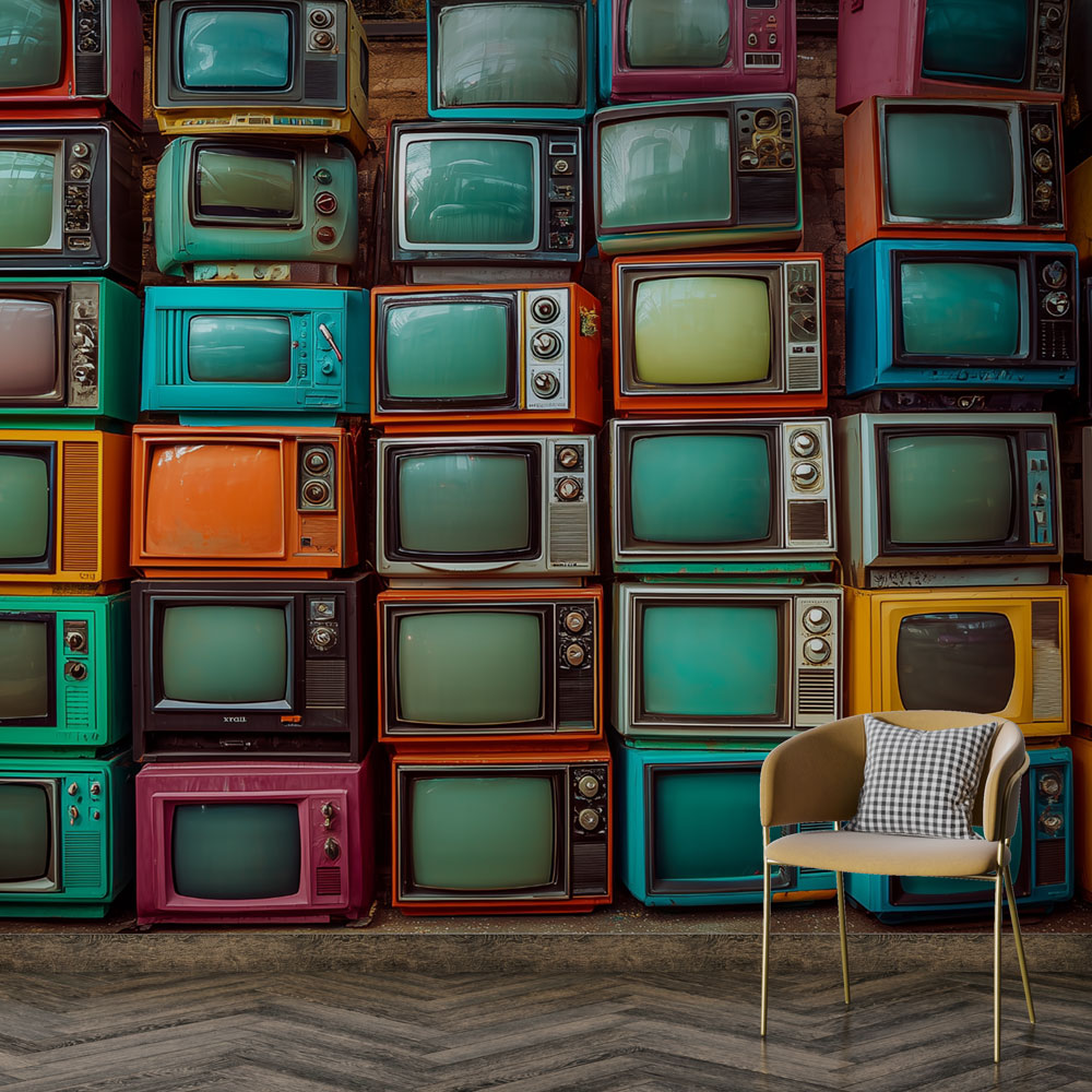 Papel pintado retro TV | Colección vintage multicolor — WonderMural, image size:1000x1000