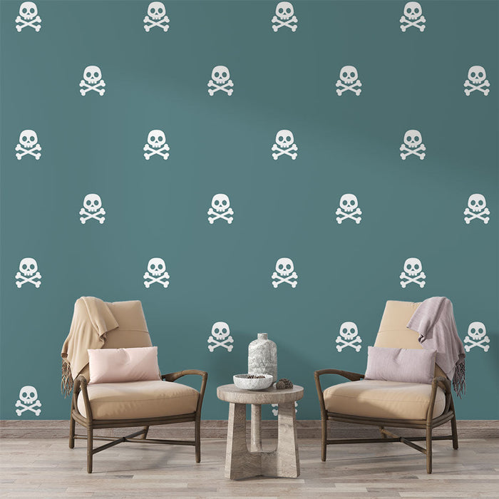 Foto Behang schedel | Patroon van gekruiste schedels op blauwe achtergrond