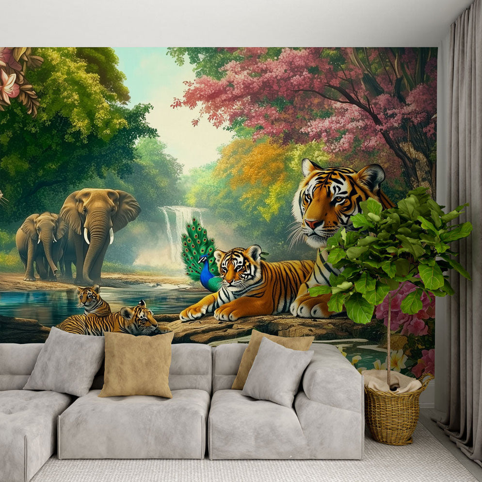 Mural Wallpaper jungle | Exotic animals and waterfall — WonderMural