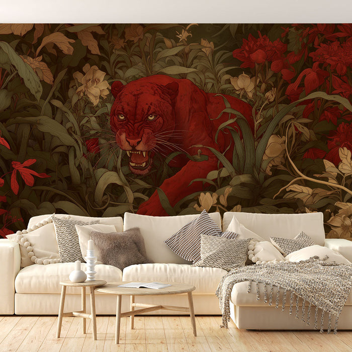 Jungle feline mural wallpaper | Fierce and colorful illustration