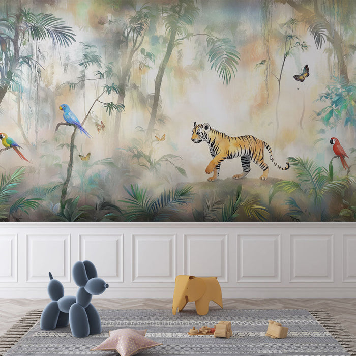 Fototapeet džungel | Troopiline mets tiigri ja papagoididega