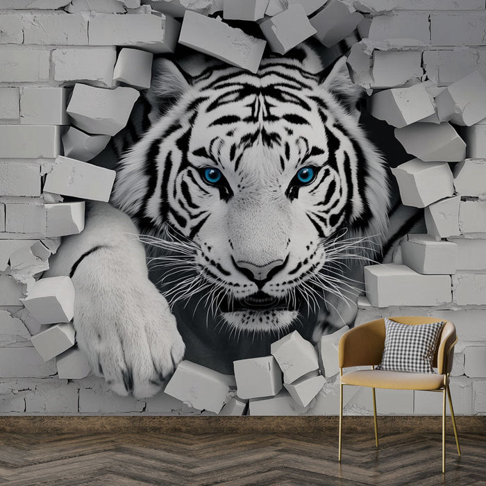 Foto Behang tijger 3D | Woeste ontsnapping uit de bakstenen muur