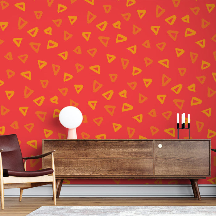 Mural Wallpaper Geometric | Orange Triangles on Red Background