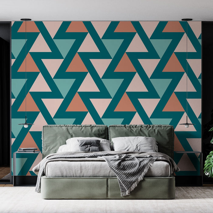 Mural Wallpaper geometric | Triangle pattern in turquoise and coral