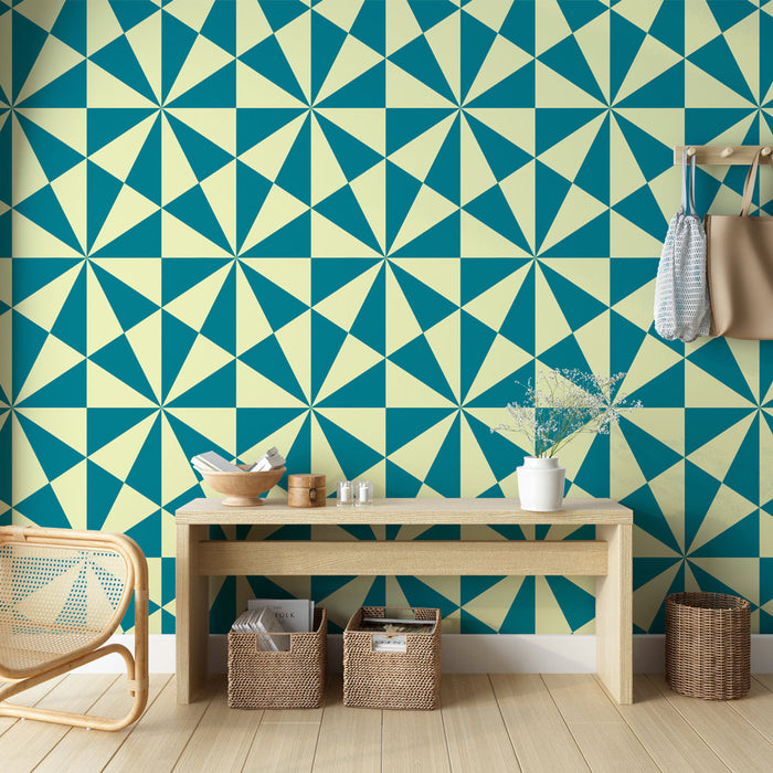 Tapetti geometrinen | Retro sininen ja kermanvärinen kuviointi