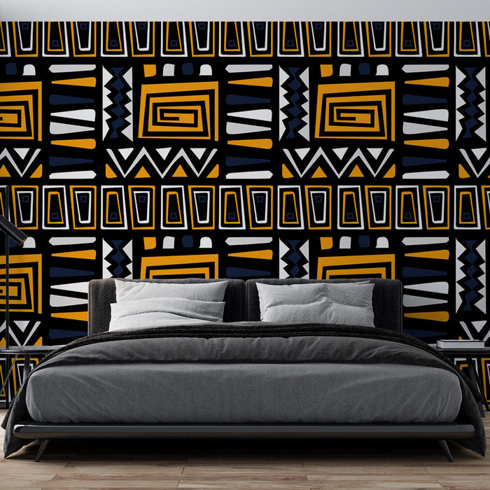 Papel pintado geométrico africano | Patrones en negro, amarillo y blanco