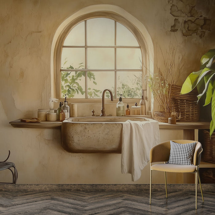 Falikép rusztikus hangulat | Vintage mosdó és fa ablakkeret