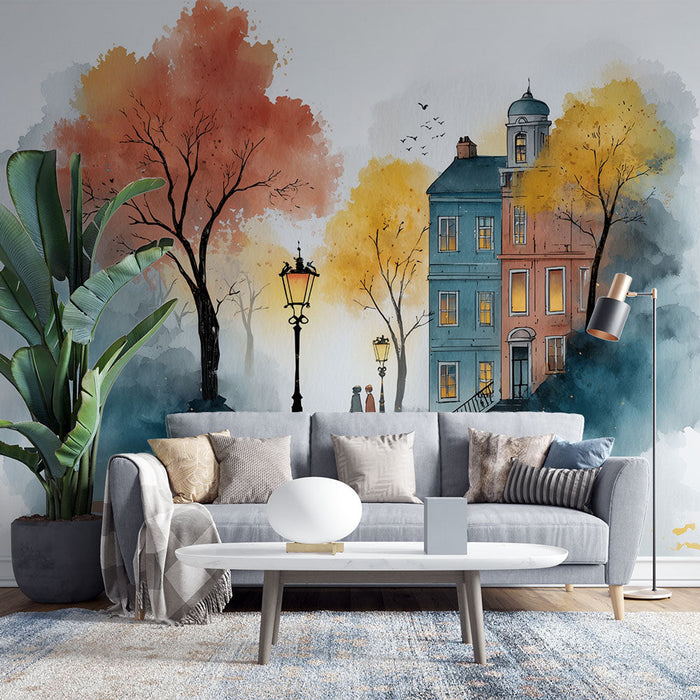 Tapeta s vodovými barvami | Podzimní ulice