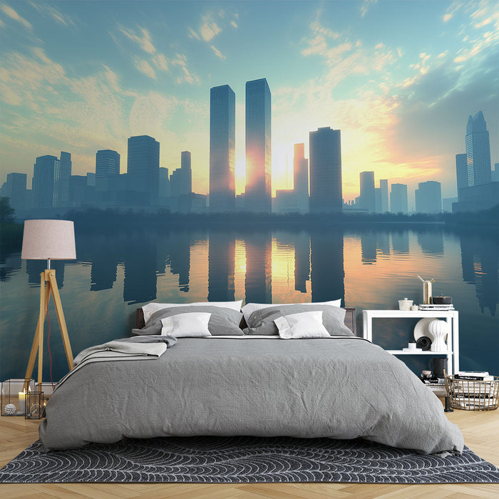 Ταπετσαρία τοιχογραφίας αστικό τοπίο | Ορίζοντας ουρανοξύστη στο ηλιοβασίλεμα