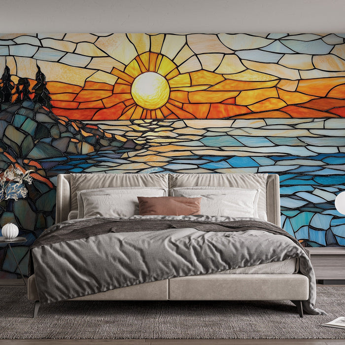 Витражна тапет | Пейзаж на залез