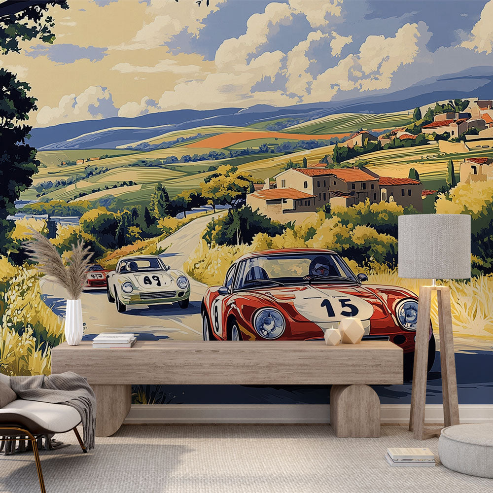 Mural Wallpaper racing car | Vintage landscape — WonderMural