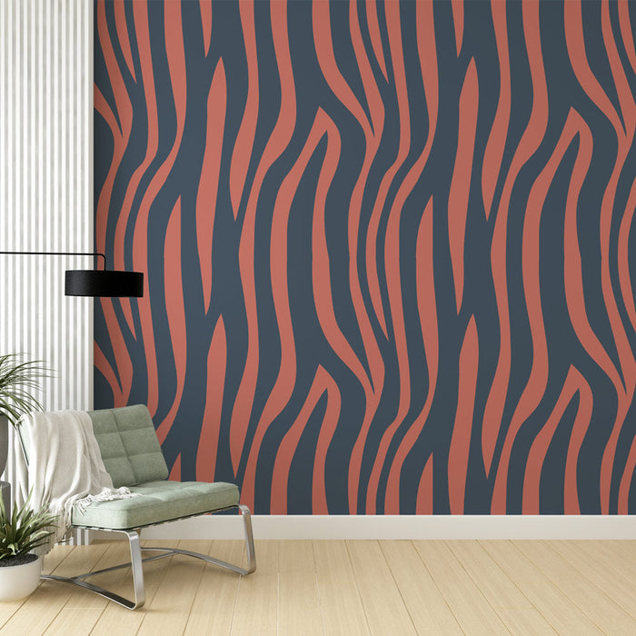 Mural Wallpaper abstract stripes | Navy Blue and Coral