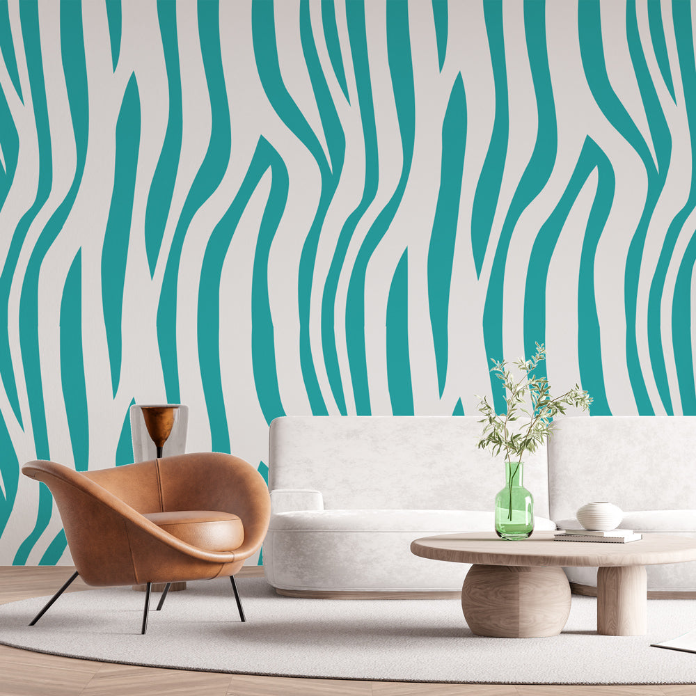 Mural Wallpaper zebra | Turquoise and white pattern — WonderMural
